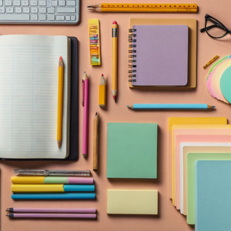A minimalist flat lay of study supplies including notebooks, pencils, sticky notes, and a digital tablet on a pastel background. Perfect for education, back-to-school, and productivity projects.の素材