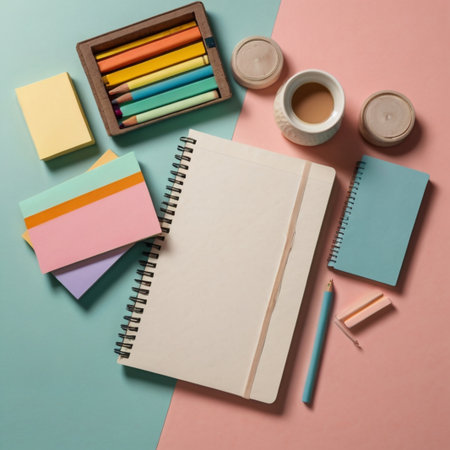 A minimalist flat lay of study supplies including notebooks, pencils, sticky notes, and a digital tablet on a pastel background. Perfect for education, back-to-school, and productivity projects.の素材