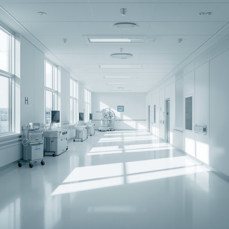 Bright and modern hospital corridor with clean lines and natural lighting. Perfect for healthcare visuals, architectural concepts, and medical facility designs.の素材