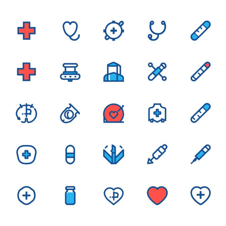 A comprehensive vector set of clean and modern flat design medical icons, ideal for healthcare apps, websites, presentations, and print materials. The collection features essential symbols like a stethoscope, cross, heart, syringe, pills, and containers, rendered with a professional blue and red/pink color palette. The minimalist line-art style ensures clarity and versatility across various digital platforms.の素材