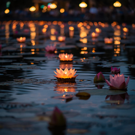 A peaceful dusk scene during the Loy Krathong festival, characterized by the soft, warm light of floating krathongs against the dark, textured water. The beautiful, traditional flower and candle arrangement creates a stunning visual of light and reflection, highlighting one of Thailand's most beloved and picturesque cultural events. Excellent for documentary, travel, and cultural content.の素材