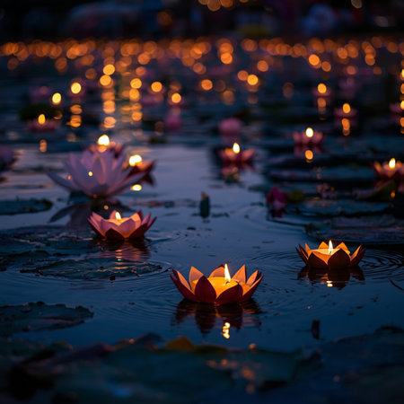 Witness the serene beauty of Thailand's annual Festival of Lights with this captivating photograph. Numerous illuminated krathongs, resembling water lilies, float across the water, casting a warm, magical glow against the twilight sky. The shallow depth of field and soft bokeh lights create an enchanting, dreamlike atmosphere. Ideal for travel promotions, cultural articles, or festive holiday greetings.の素材
