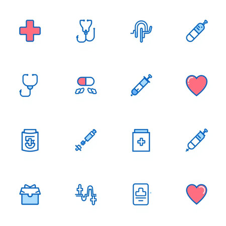 A professional set of flat-design healthcare symbols representing essential diagnostic tools and pharmacy items. Each icon is crafted with a clean, modern line style and subtle color accents for visual appeal. Use this collection to quickly enhance the clarity and professionalism of medical-themed websites, educational materials, or mobile application interfaces.の素材