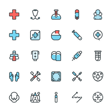 Collection of clean and simple medical icons featuring health symbols like stethoscope, syringe, and heart. Ideal for apps, infographics, and healthcare branding.の素材