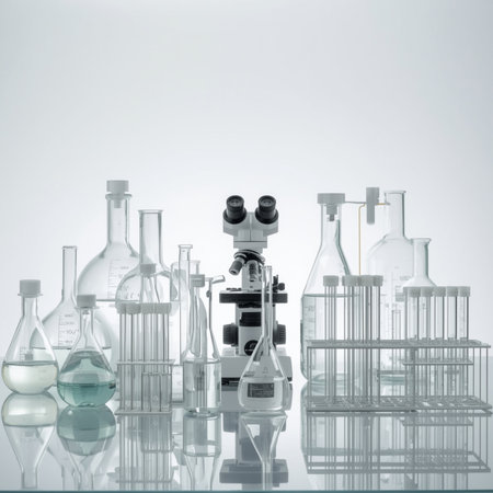 High-quality image of a professional science lab setup with test tubes, flasks, and microscope, symbolizing clinical testing, innovation, and pharmaceutical research.の素材