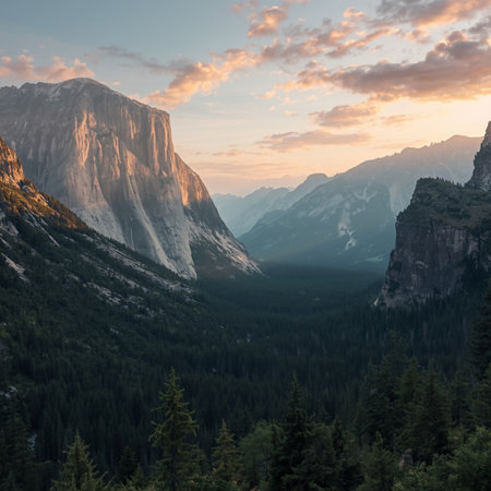 Beautiful mountain valley bathed in warm golden hour light, showcasing dramatic cliffs, misty peaks, and serene forest scenery. Ideal for wall art, travel guides, eco-friendly branding, and outdoor lifestyle promotions that celebrate the power of nature.の素材