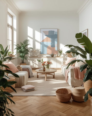 A beautifully styled minimalist living room featuring soft beige tones, clean lines, and natural greenery. Ideal for interior design concepts, eco-friendly lifestyle visuals, or modern home catalog presentations.の素材
