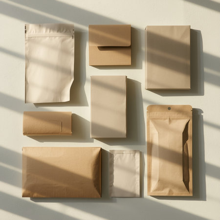 Collection of recyclable kraft paper packaging arranged aesthetically with soft morning light and clean composition. Ideal for eco brands, small business presentations, and design inspiration.の素材