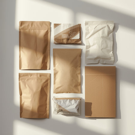 Flat lay of eco packaging and paper bags symbolizing sustainable business and responsible consumption. Perfect for eco product photography, advertising, and brand design.の素材