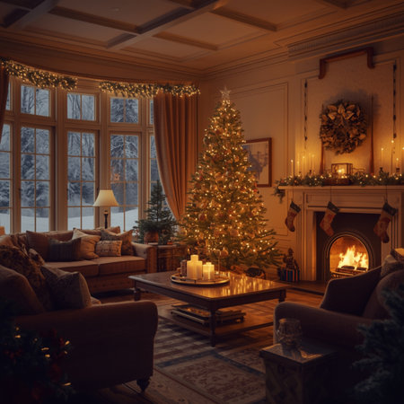 Cozy Christmas living room featuring a glowing fireplace, beautifully decorated Christmas tree, and warm golden lights. Perfect for holiday promotions and festive designs.の素材