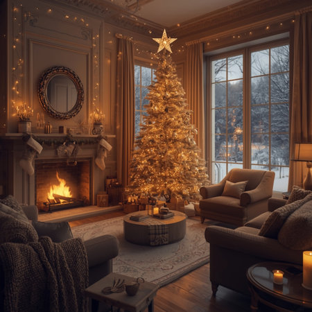 Luxurious Christmas home setting filled with soft lighting, winter dの素材