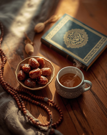 Overhead shot capturing the tradition and essence of the Muslim holy month. The focus is on the rich colors of the dates and the intricate details of the Quran and beads, symbolizing devotion and faith. This image is perfect for media related to Islamic culture, religious observances, and food-related content during the fasting period.の素材