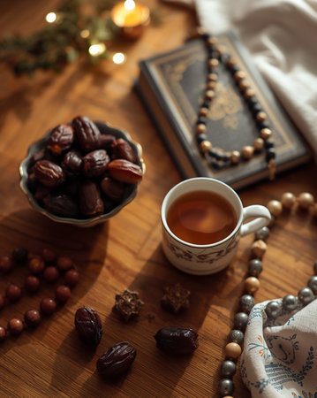 An aesthetically pleasing and culturally rich image illustrating the practice of Iftar. The use of warm tones and natural light enhances the traditional and serene feel. Suitable for marketing materials, websites, or publications promoting community, faith, and traditional foods during the Islamic holidays.の素材