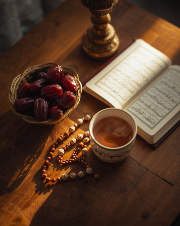 A warm and spiritual flat lay composition for Iftar during the holy month of Ramadan. The scene features traditional elements necessary for breaking the fast: a bowl of dates, prayer beads (Tasbih), and an open Quran, all set on a deeply textured wooden table. The dramatic side lighting creates deep shadows and a cozy, inviting atmosphere.の素材