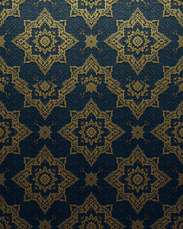 A highly detailed and visually rich seamless pattern featuring an intricate golden Islamic geometric design. The repeating star and mandala motifs are rendered with luxurious texture against a deep, dark navy blue background, ideal for creating a sophisticated and endless background for print or digital media.の素材