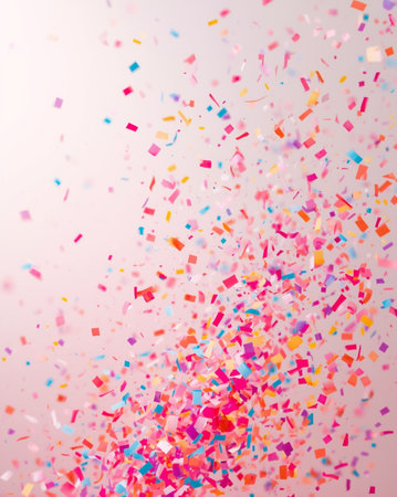 A high-energy, vibrant, and dynamic image capturing a spectacular explosion of colorful confetti. The tiny paper pieces in shades of pink, purple, blue, and yellow are scattered and suspended in the air against a bright white background. This visual perfectly represents joy, excitement, and festive celebrations.の素材