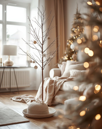 A beautifully rendered image of a cozy Scandinavian-style living room decorated for Christmas. The interior features a minimalist, bare branch Christmas tree adorned with white and gold ornaments, set against a soft, neutral color palette of beige, cream, and warm wood. The gentle light and bokeh effect in the background enhance the serene and 'Hygge' atmosphere.の素材