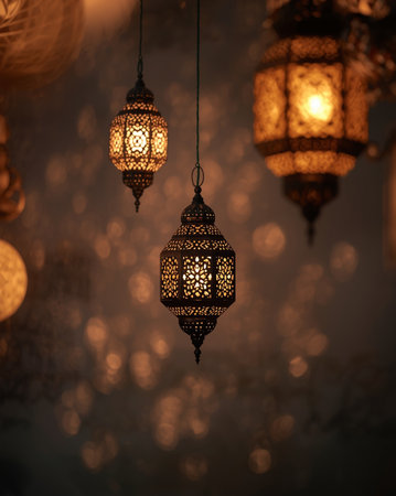 Atmospheric composition of three hanging Islamic lanterns (Fanoos) featuring complex geometric cutouts. The lamps emit a warm, spiritual glow against a dark, blurred textured background. Ideal for Ramadan and Eid Mubarak designs.の素材