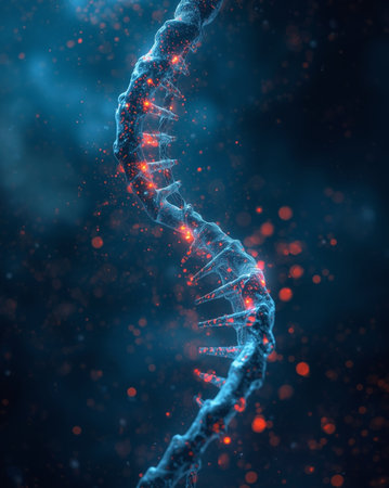 A visually striking representation of genetic code and advanced biotech concepts.の素材