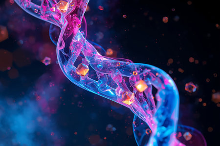 Futuristic science background featuring a luminous DNA strand. Close-up view of the genetic code with vibrant lighting effects, ideal for biotechnology, chemistry, and healthcare innovation themes.の素材