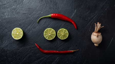 Top view flat lay of fresh Thai cooking ingredients. Red chili peppers and cut lime halves arranged in a smiley face shape on a black textured background. Concept of happy cooking and spicy food.の素材