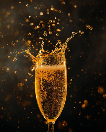 Explosion of champagne in a glass. Freeze motion photography capturing the movement of alcohol, perfect for anniversary, wedding, or holiday toasts.の素材
