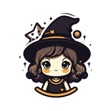 Cute Cartoon Witch Girl Halloween Theme and Spooky Hat Costume. Vector Icon Isolated on White Background.のイラスト素材