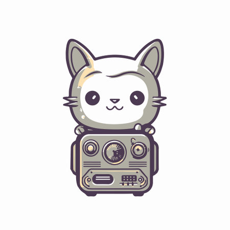Cute cartoon kawaii cat with radio. Vector illustration.のイラスト素材