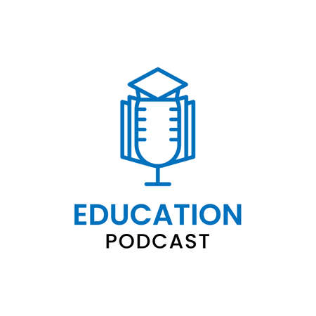 Microphone with Book and Graduation Cap for Education Podcast in Simple Line Style Logo Design Templateのイラスト素材