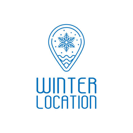 Winter Snow Location Pin in Simple Line Style Logo Design Template. a pin with snowflake can mean winter, a place with cold weather, and a snowy tourist spot.のイラスト素材