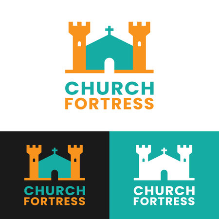 Church Fortress Logo Design Template. A fortified church is a church that is built to serve a defensive role in times of war. Suitable for Church and Historic Building Logo Design.のイラスト素材