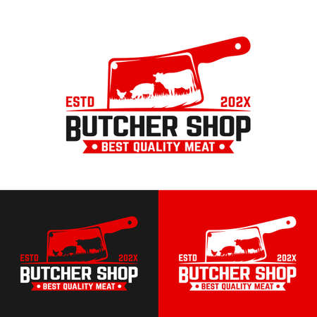 Meat Knife with a Symbol of Cow Pork Chicken. Suitable for Butchers Butchery Deli Beef Meat Shop Market Vintage Hipster Retro Logo Design Template.のイラスト素材