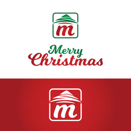 Letter Initial M Merry Christmas with Pines Tree Logo Design Template. Perfect for Christmas and New Year Greeting Cards, Banners, Invitations, or Business Brand Logos.のイラスト素材