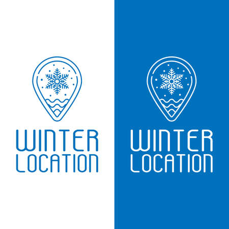 Winter Snow Location Pin in Simple Line Style Logo Design Template. a pin with snowflake can mean winter, a place with cold weather, and a snowy tourist spot.のイラスト素材