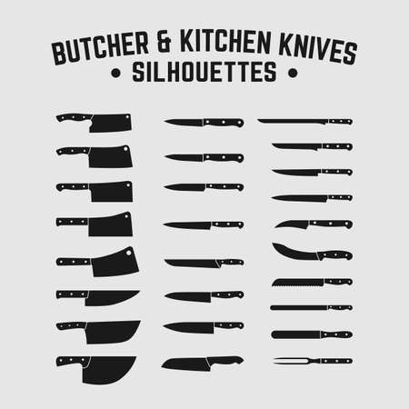 Set of Kitchen Butcher Chef Bread Knives Knife Dagger Cleaver Silhouette Logo Design Template. Suitable for Adventure Hunting Butchery Chef Restaurant Business in Retro Vintageのイラスト素材