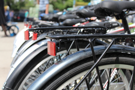 It's a photo of parked bikes.の写真素材