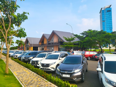 Bekasi, Indonesia - March,12 2023: Many vehicles are parked in front of the La Spezia culinary center cafe and restaurant in the BCBD (Bekasi Central Business District) area Summarecon Bekasiのeditorial素材