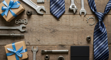 Fatherâs Day celebration background with tools and necktieの素材