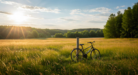 Bicycle in sunny countryside meadowの素材