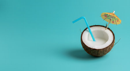 Coconut summer drink with umbrella on blue backdropの素材