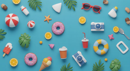 Colorful Summer Travel Accessories on Blue Backgroundの素材