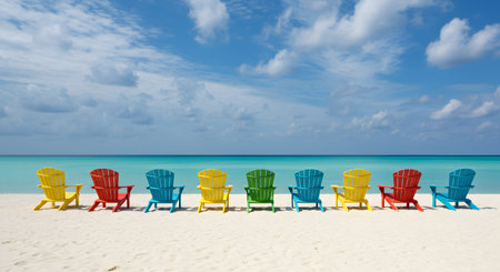 Colorful beach chairs in row facing tropical oceanの素材