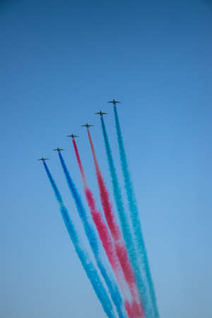 F 16 military airplanes. Turkish Stars at blue sky. Performance of the Turkish aerobatic team at the air show.の写真素材