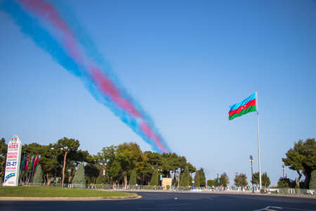 National flag of Azerbaijan. Performance of the Turkish aerobatic team at the air show. The Victory...