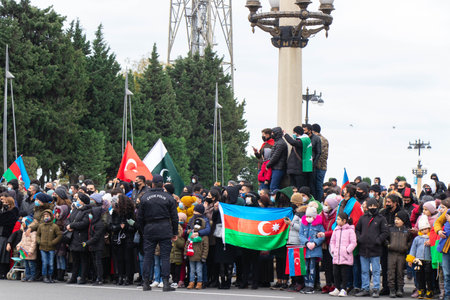 Baku - Azerbaijan: 10 December 2020. Azerbaijan Turkey and Pakistan flags in the Karabakh Victory Parade.のeditorial素材