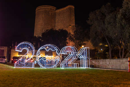 Maiden Tower at night time. Baku - Azerbaijan: 2 January 2021.のeditorial素材