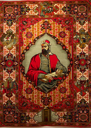 The famous poet of Azerbaijan Nizami Ganjavi. Pictorial carpet. Ganja - Azerbaijan: 9 September 2021のeditorial素材
