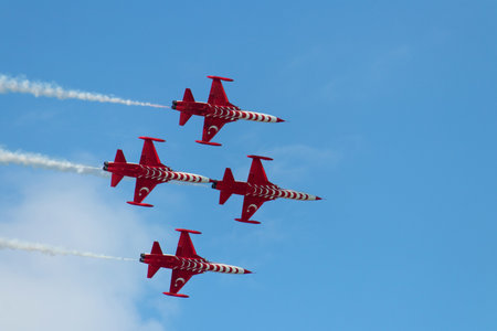 Turkish Air Force aerobatic demonstration team on the sky of Baku - Azerbaijan. Technofest days in Baku. 26 May 2022のeditorial素材