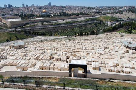 View to Jerusalem old city temple mount and the ancient Jewish cemetery in Olive mount. Jerusalem - Israel: 3 April 2022のeditorial素材