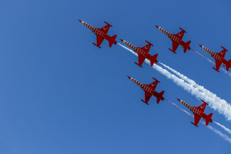 Baku - Azerbaijan: 27 May 2022. Turkish Stars jet air force demonstration Team Aerobatics performing.のeditorial素材